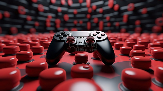 ps4手柄背景图片_3D 渲染中黑色操纵杆包围的醒目的红色游戏手柄