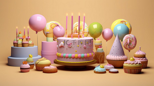 各种生日蛋糕和派对装饰品，采用令人惊叹的 3D 渲染