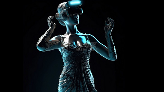 网络世界背景图片_虚拟现实耳机装饰元宇宙网络世界中的 3D 女性雕像