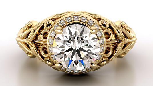 圆形钻石主石花丝光环订婚戒指的 3D 渲染