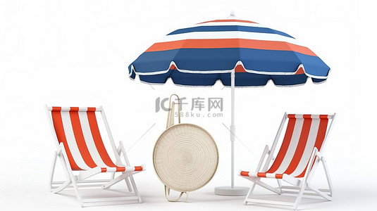 球背景图片_躺椅沙滩伞救生圈和沙滩球在白色和蓝色 3D 渲染在白色背景上