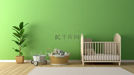 带婴儿床和椅子的绿墙儿童房的 3D 渲染