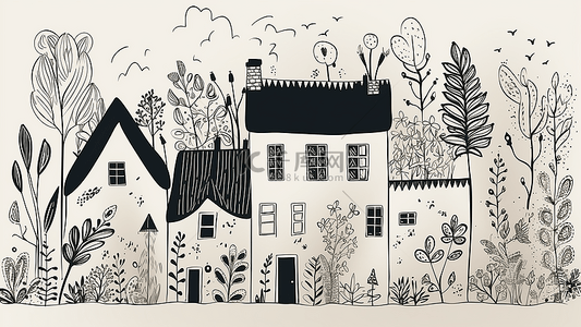 房屋建筑黑白背景图片_卡通房子童话背景插画