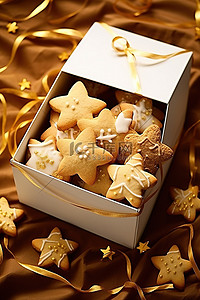 圣诞星背景图片_一盒带有圣诞星和装饰品的饼干