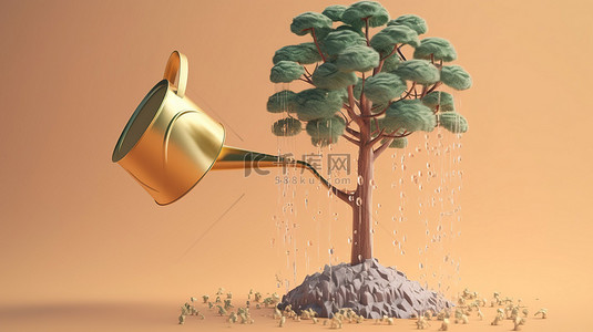 数字投资 3D 手倾向于用喷壶把比特币树放在盆里