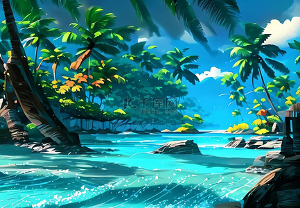 海水卡通背景图片_海滩椰子树酷暑风景