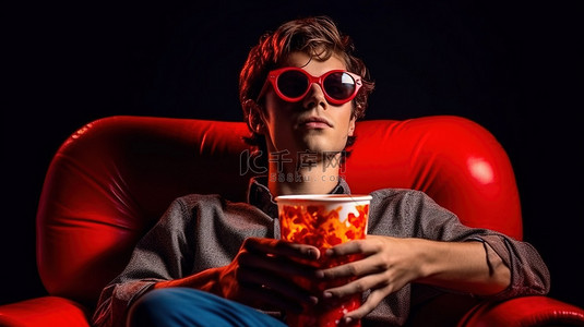 休闲小吃背景图片_休闲的一天，一个英俊的男人戴着 3D 眼镜放松地享受电影和小吃
