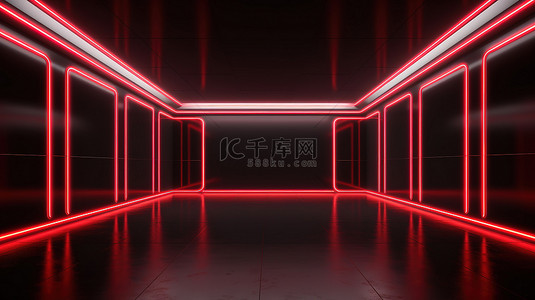 时尚黑背景图片_3D 可视化中带有动态红色 LED 照明的时尚黑色空间
