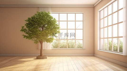 有室内树的房间的 3D 渲染图像