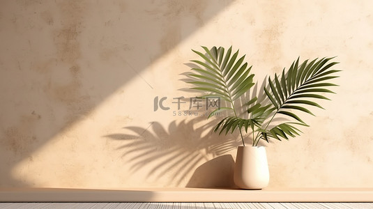 阳光亲吻的讲台展览以 3D 米色砂浆墙背景上的棕榈叶阴影为特色