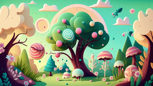 树木蘑菇可爱卡通插画背景