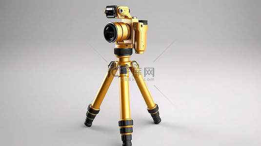 白色背景下金色数码单反相机或摄像机的稳定三脚架系统的 3D 渲染