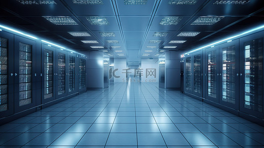 具有多个服务器机架的数据中心服务器机房走廊的 3D 插图