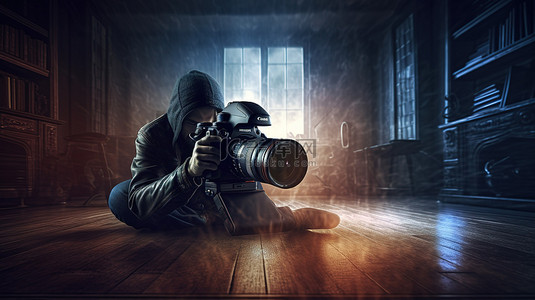 男子操作摄像机以摄影师的姿势拍摄影片 3D 渲染描述