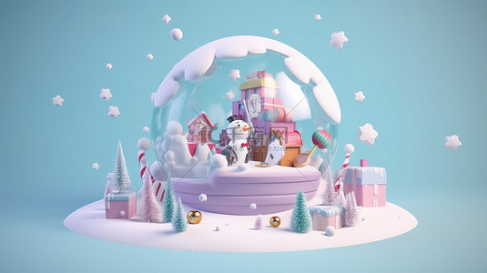 柔和的冬季仙境围绕着 3D 卡通雪球，周围环绕着礼物