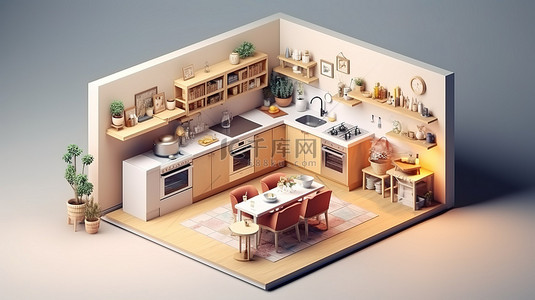 开放客厅背景图片_具有开放概念设计的等距厨房内部的 3D 渲染