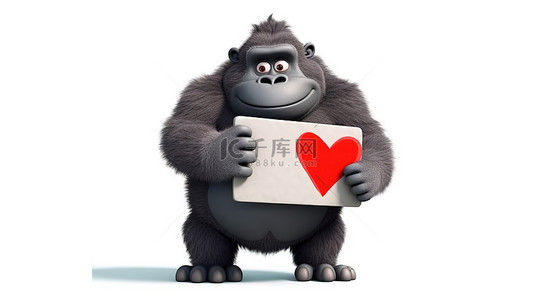 显示标志和心脏的幽默 3D 大猩猩