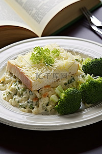 西方背景图片_一盘米饭和西兰花放在书上
