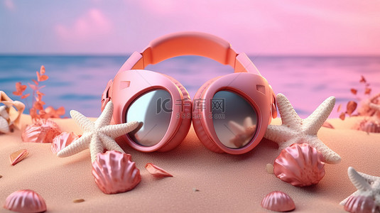 周末狂欢送背景图片_夏季乐趣充满活力的粉色海滩配件，配有耳机太阳镜海星贝壳充气环和令人惊叹的 3D 人字拖