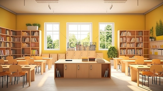 现代教室的真实 3D 渲染，配有时尚的课桌座位学校储物柜和董事会