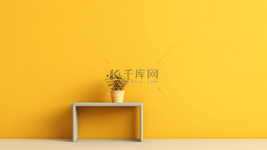 小桌子放置在空白的黄色墙壁上 3d 渲染