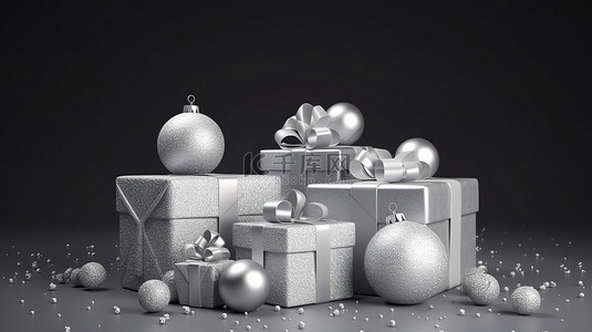 逼真的 3D 礼品盒，带有节日丝带闪亮的小饰品银色闪光五彩纸屑，用于欢乐的新年庆祝活动