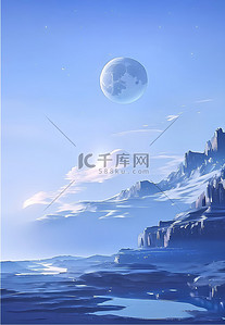 蓝色梦幻背景图片_月亮天空山峰背景