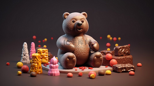 情人节巧克力背景图片_节日巧克力熊和糖果 3d 渲染