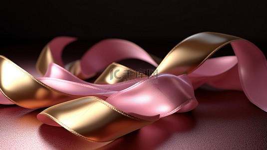 粉絲丝带背景图片_粉红色和金色丝带装饰品的 3d 渲染
