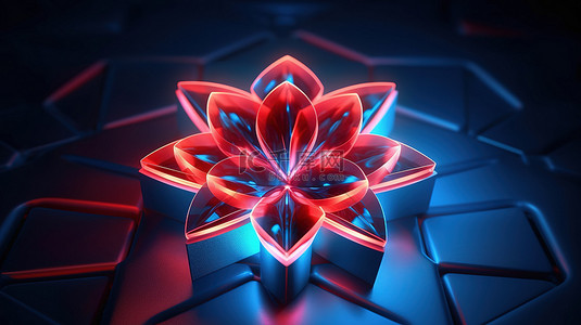 几何形状的 3D 渲染，散发出明亮的红色和蓝色色调，装饰着鲜艳的红色花朵