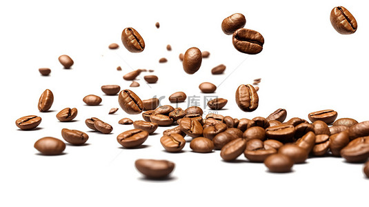 卡咖啡背景图片_白色背景与 3d 渲染咖啡豆掉落