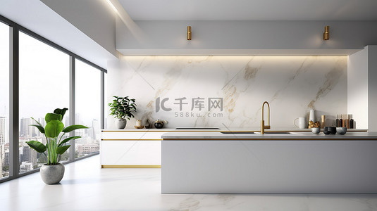 现代高端厨房内部配有白色台面和文本 3D 渲染空间