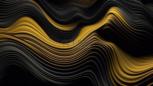 平面设计风格深色和黄色波浪线抽象几何图案壁纸的 3D 渲染