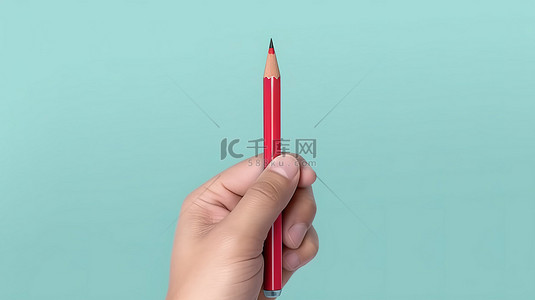 3D 渲染的商业卡通手拿着一支红色铅笔在薄荷背景上