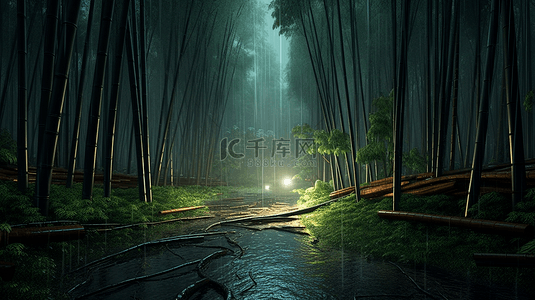 荷花绿背景背景图片_雨中竹林水流竹叶雨珠自然风景背景