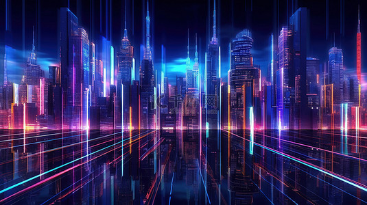 发光的大都市未来派霓虹灯摩天大楼背景通过 3D 渲染照亮商业和技术进步