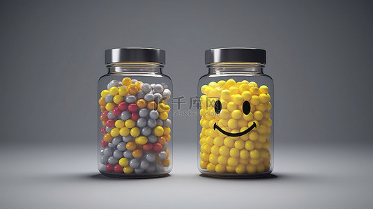 4个表情背景图片_灰色背景下 3d 渲染的两个玻璃罐中溢出的光滑表情符号药丸