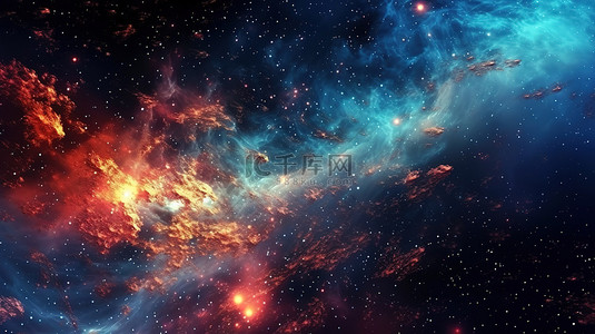 银河宇宙水平横幅，带有星空和红蓝色星系的 3D 插图