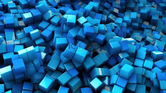 资产混乱背景图片_以蓝色 3D 立方体效果图为背景的混乱