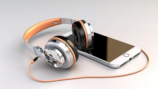 戴耳机的手机背景图片_以 3D 渲染的独立智能手机和耳机二重奏