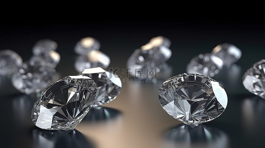 圆形钻石簇排列在通过 3D 渲染创建的光滑表面上，焦点柔和