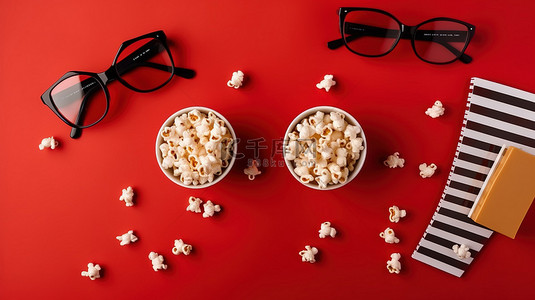 娱乐行业必需品拍板爆米花和红色背景的 3D 眼镜