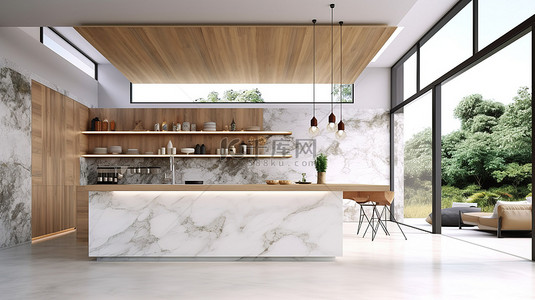 白色和木质环境中带有大理石台面的厨房岛的 3D 渲染