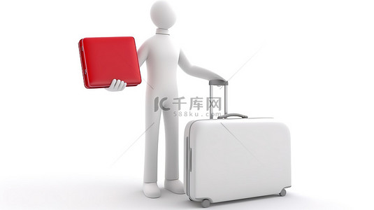 人离开背景图片_拿着手提箱和机票的人的白色背景 3D 渲染