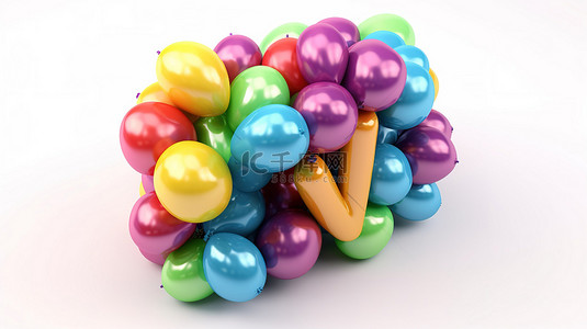 3D 插图中从 a 到 z 的完整字母表，白色背景上有四个彩虹气球