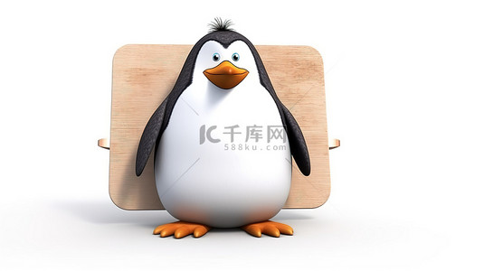 企鹅海的背景图片_丰满的企鹅在 3d 白色背景中持有空白石板
