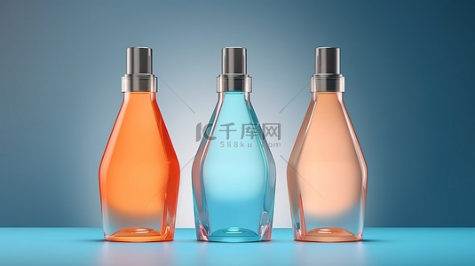 3D 渲染模型场景中的化妆品瓶，带有产品展示台和橙色蓝色背景