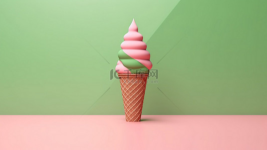 绿色抽象背景上粉红色草莓冰淇淋锥体的 3D 渲染