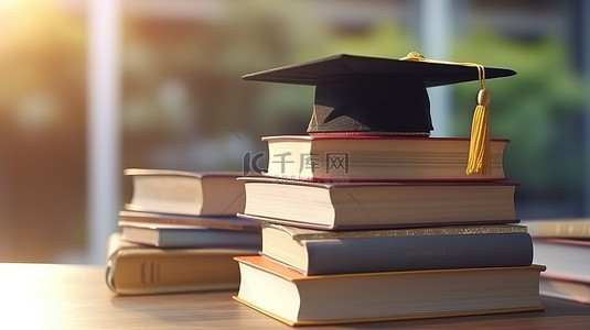一堆书上毕业帽的教育概念 3D 渲染
