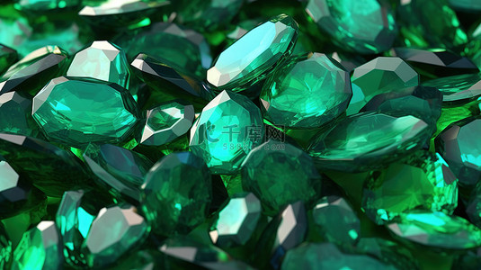 各种形状和绿色色调的祖母绿宝石的 3D 渲染
